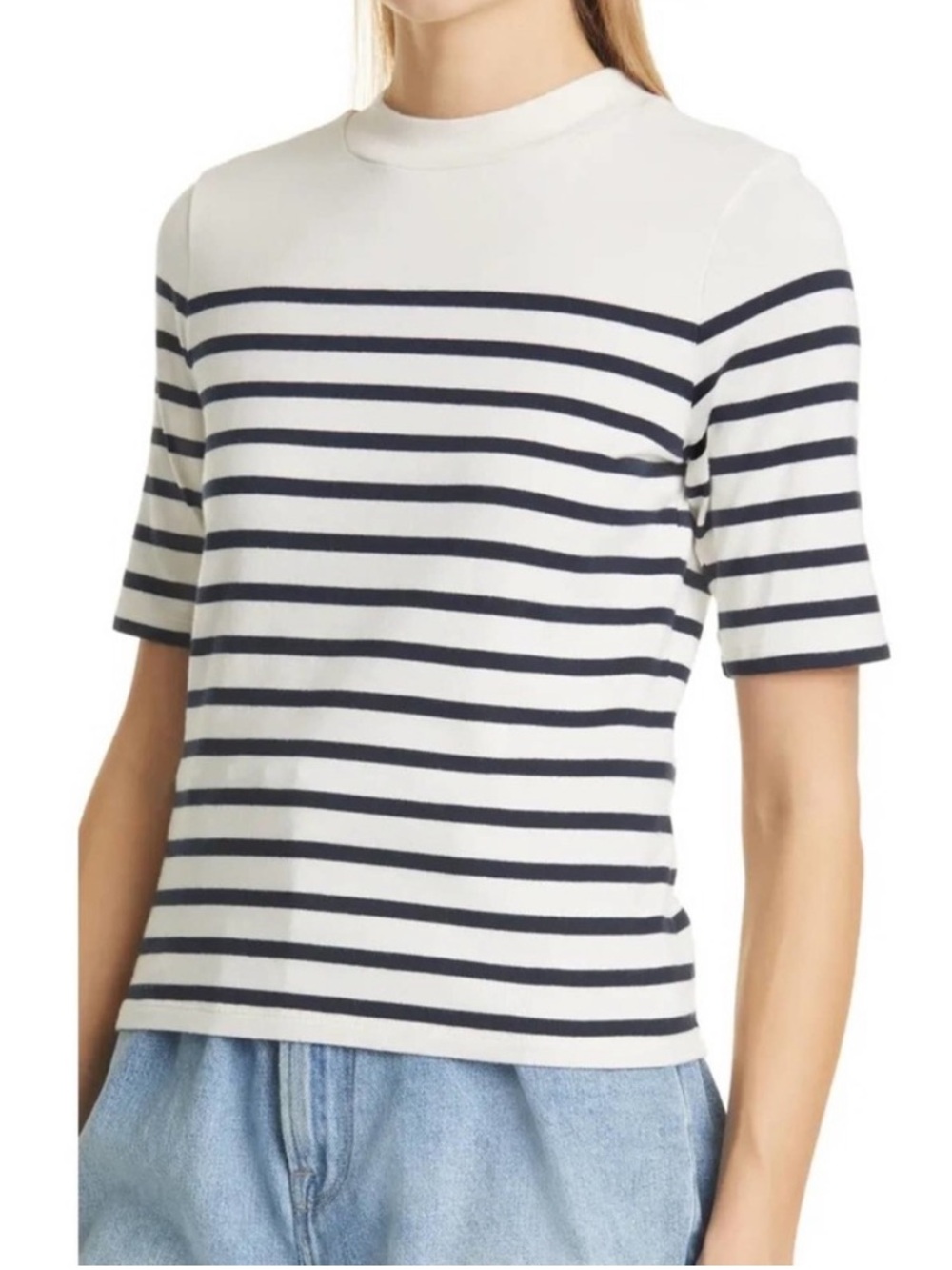 Frame Mariner Striped Short Sleeve Mock Neck Sweater Top - Picture 2 of 10